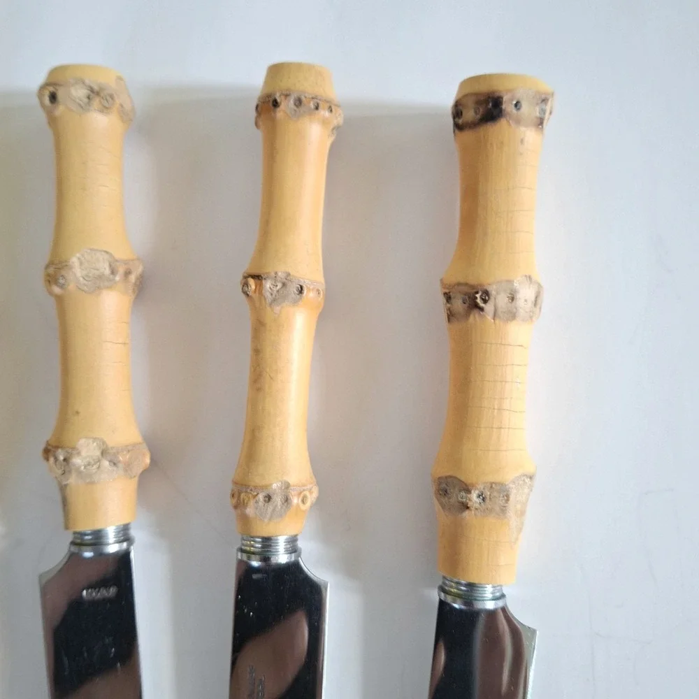 Vintage Mid Century Modern Bamboo Tiki Silverware 4 pc Knives Stainless Japan
